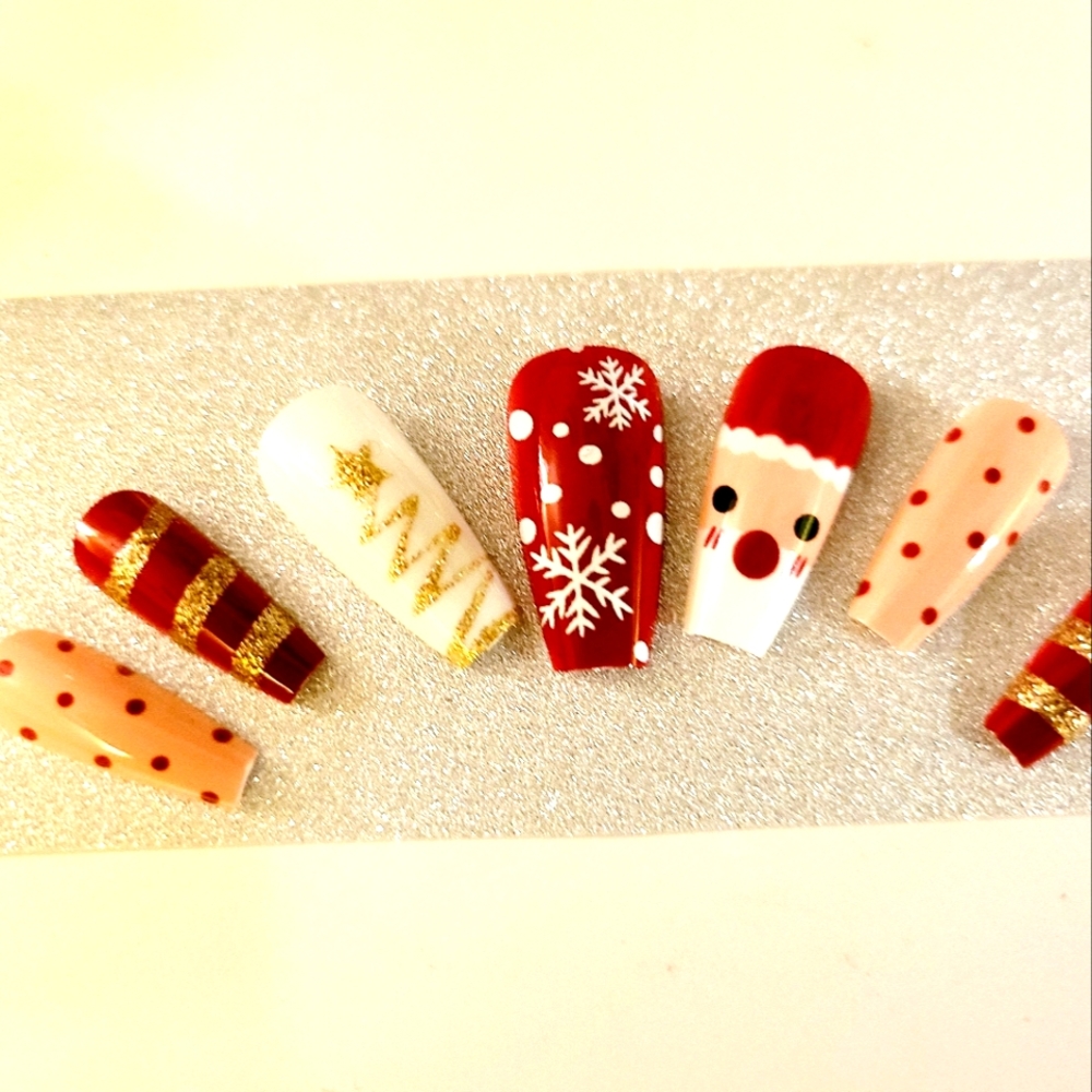 New boutique Santa Claus Holiday Faux |Fake Nail adhesive tab Press ons - Picture 3 of 13